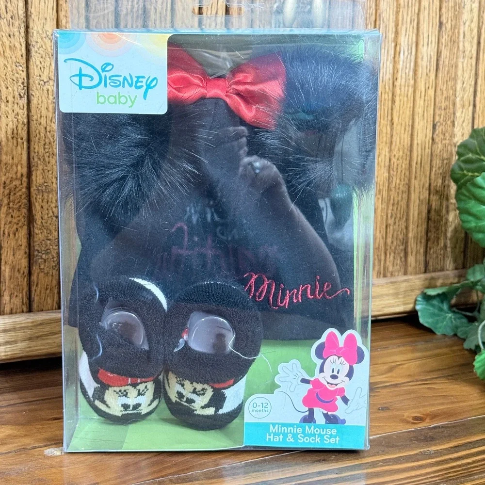 Disney Minnie Mouse Hat & Sock Set Baby 0-12M Black New Faux Fur Ears Bow